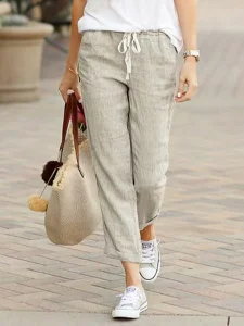 Summer New Breathable Elastic Waist Mid Tie Dye Solid Color Loose Casual Cotton Women's Pants