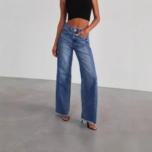 Women's Wide Leg Jeans High Waisted Stretchy Raw Hem Zimbaplatinum Denim Pants