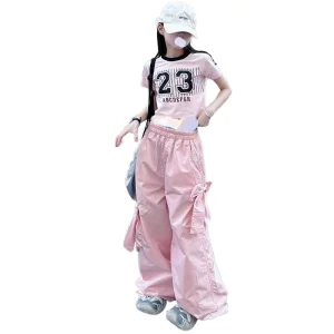 Summer Solid Pink Blue Pants Letter-Printed Short Sleeved Clothing for Girls