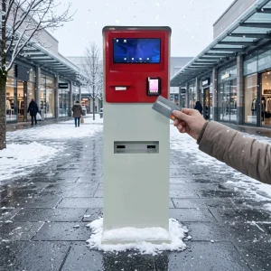 Smart Outdoor Payment Kiosk Touch Screen RFID Card Reader Barcode Reader Automated Ticket Dispenser QR Code Scanner Floor