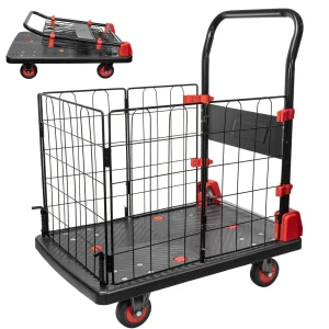 Platform Truck Cart with Cage, 1400lbs Capacity Folding Hand Truck Dolly, Heavy Duty Platform Cart W/ 5'' TPR Swivel Wheels, 2 in 1 Foldable Platform Truck Push