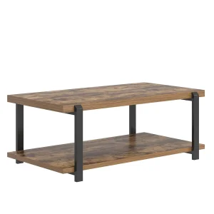 Modern Coffee Table Rustic Brown Wood Center Table Industrial Rectangle Double Tier with Storage for Living Room