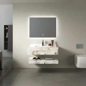 Modern Luxury Floating Rock Slab Bathroom Vanity with LED Mirror &amp; Ambient Lighting