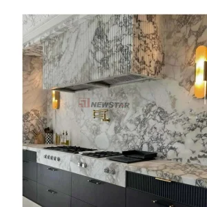 Bancadas de Mármore de Luxo para Armários de Cozinha Topo de Cozinha Personalizado com Design de Ilha e Coifa