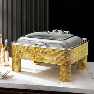 Rectangle Stainless Steel Hot Pot Electric Insulation Pot Luxury Design Chafing Dish Hollow Pattern, Cafeteria, Hotel