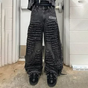 Calças jeans retas desgastadas pretas personalizadas para homens com baixa quantidade mínima de pedido