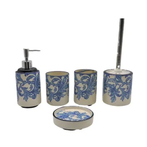 ODM Blue - White Scroll Pattern Stoneware Bathroom 5 - Piece Set Product, Products