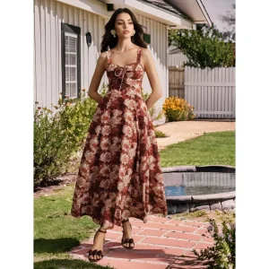 Vestido Cami Floral Rustico para Mulheres, Alça Larga, Decote Quadrado, Costas Descobertas, A-Line, Maxi, Casual, Festa, Praia, Uso em Férias