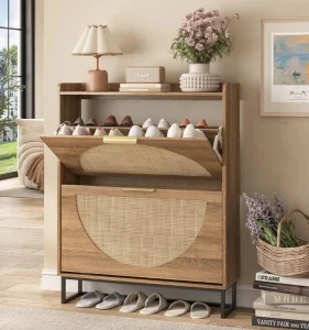 Natural Cane Wood Shoe Storage Cabinet