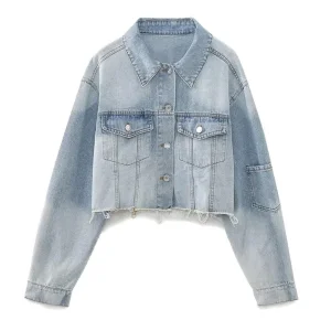 Wholesale French Button-Down Cropped Women's Denim Jacket