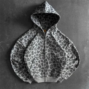 Oversized Hoodie Leopard Print Zip-Up