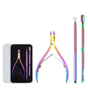 Salon Multi Color Titanium Dead Skin Remover Kit 3pcs Nail Pusher Nippers Cuticle Manicure Set with Tin Box
