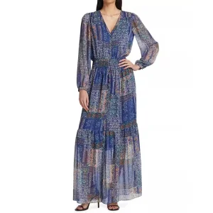Fabricante Vestido Maxi V-Neck Casual Boho Vintage com Botão Frontal e Cintura Elástica Estampado para Mulheres Retro Chic
