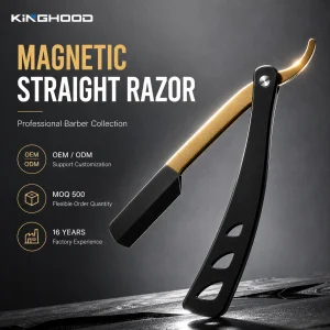 Professional OEM Private Label Supplier Barber Folding Shavette Black Metal Handle Salon Razor Magnetic Straight Razor