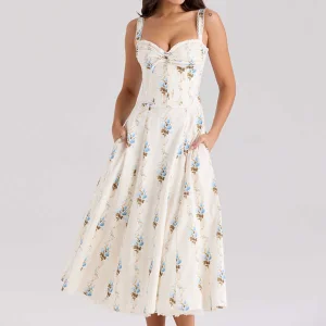 Casual Slip Dress Cream Floral Print Cotton Corset MIDI Dress