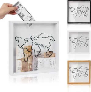 Natural Wood Shadow Box Frame Black &amp; White Print Slot with Iron for Travel Ticket Collection Photo Display &amp; Storage