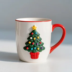 Cheap Christmas tree red handle white ceramic holiday mug - glossy decal design VDLK4906 Manufacturer, Manufacturers
