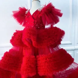 Elegant Red Tulle Ball Gown for Girls Luxurious Tiered Ruffle Party Dress with Exquisite Floral Beadwork and Flutter Sleeves