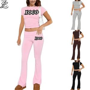 Factory Summer Casual Custom LOGO Outfits Soft Short Sleeve Crop Top Tracksuits Two Piece Pajama Jogger LoungeWear Women's Sets