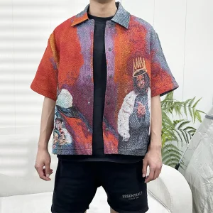 Custom Plus Size Tapestry Woven Clothing Short Sleeves Jacket With Zipper Tapestries Shirts Street Style Clothing