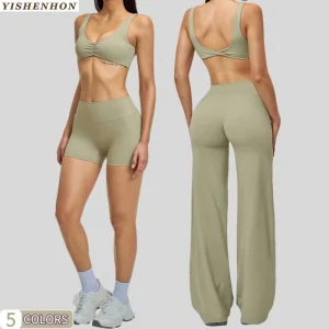 YSH Women's Fitness Activewear Set 3pcs Yoga Leggings &amp; Bras Gym High Waist Wide-Leg Pants Solid Pattern Sport Fitness Set