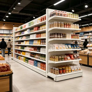 Custom Metal Store Rack Heavy Duty Steel Supermarket Shelves Snack Convenience Store Gondola Racks Double Sided Display Racks