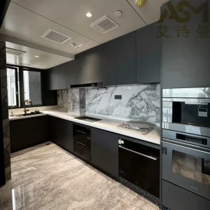 Modern Matte Finish Black Compact Modular Kitchen Cabinet Furniture Oak Solid Wood Compact Flat Pack Outdoor Wood Kitchen Cabinets