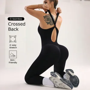 Wholesale Custom Women Fashion Sleeveless One Piece Workout Sport Breathable Gym Fitness Solid Control Yoga Jumpsuit