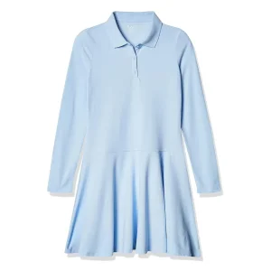 Girls Long Sleeve Polo Dress Flared Skirt School Uniform Dress with Button Placket