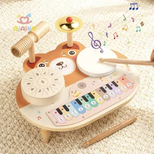 Qiaike Montessori Multifunctional 5 In 1 Music Station Baby Drum Kit Wooden Musical Instruments Toys With Drums Cymbals Piano