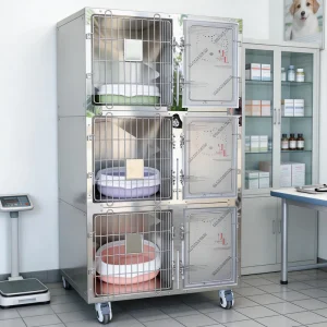 3 Position Stainless Steel Cat Cage Luxury Easy to Clean Cat Hotel Cage with Wheels and Removable Waste Tray
