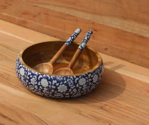 High Quality Handmade Mango Wood Salad Bowl Set: Bohemian Flora Design Customized Carved Salad Bowls for Home With Salad Servers