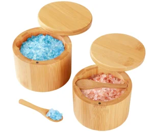 Unique Design 2 PCS Bamboo Eco-Friendly Modern Salt Cellar with Built-in Spoon Magnetic Swivel Lid for Countertop Spice Storage