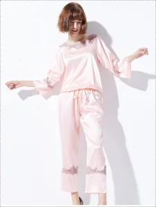 Conjunto de pijama de seda pura para dama con bordado de lujo