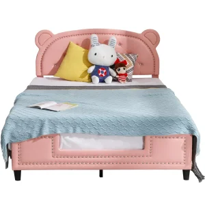 Estructuras de cama gemelas para niños, estructura de cama tapizada en cuero sintético con cabecera de orejas de oso