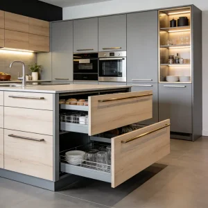 High-Gloss Grey &amp; Wood Kitchen Cabinets Custom Storage Solutions with Pull-out Baskets &amp; Tall Pantry