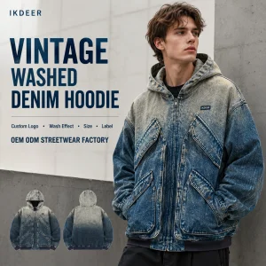 IKDEER Manufacturer Custom Winter Baggy Zip Up Vintage Distressed Acid Washed Heavyweight Cropped Jeans Denim Jacket For Men