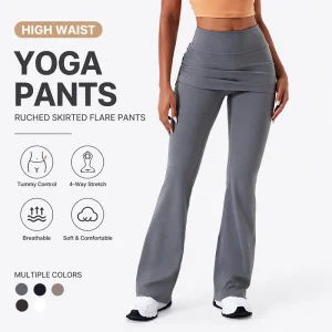 Calças de Yoga Flare de Cintura Alta com Ruchado e Controle de Barriga 4-Way Leggings de Ginástica com Sobreposição de Saia