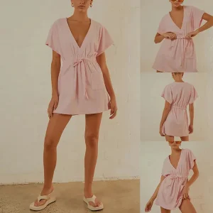 2023 High Quality Elegant Terry Towelling Mini Dress Pink Terry Towel Fabric Rib Band Detail V-neck Mini Dress With Belt