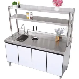 Estación de trabajo de cocina personalizada profesional con fregadero de acero inoxidable y patas ajustables