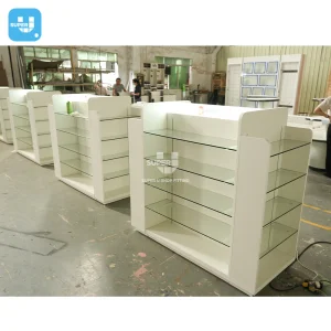 Medical Store Fixtures Design Customized Glass Display Shelf Gondola Wooden Pharmacy Shelves For Pharmacy Shop Interior Design