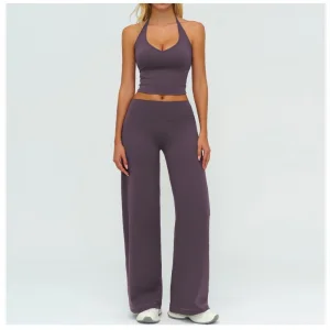 Women Yoga Vest Fitness V-Neck Halter Neck Fitted, Fashionable Sports Vest, Long Leg Wide Leg Pants Gym Set
