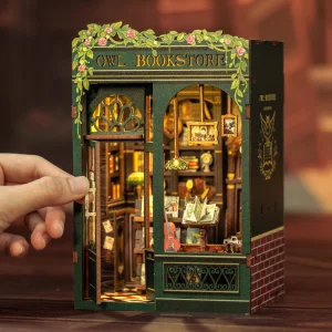 DIY Book Nook Kit Miniature Dollhouse with Light Wooden Bookshelf Insert Retro Booknook Decor for Gifts Bookshop Series