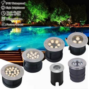 Outdoor Waterproof IP68 Recessed Swimming Pool Light Fountain 1-24W Stainless Steel Low Voltage 24VDC Underwater Ground LED