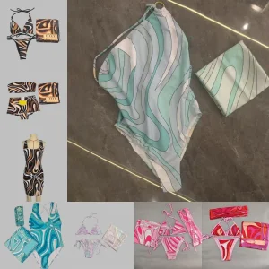 Luxury Color Block Tanikinis Swimwear Women Designer Sarong Dress Scarf Head Tie Summer Beach Vacation Yacht Resort Wear Brand Pink Halter Swimsuit Bikinis