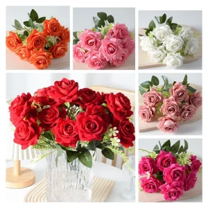 Factory Wholesale Cheap Plastic Fake Artificial Rose Wedding Art Silk Plant Heads Bouquet Artificial Arrangement Flower for Decoration