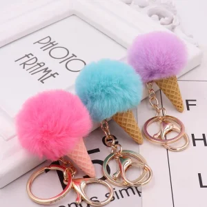 JAMELIN Kawaii Pompom Keychain Ice Cream Cone Pom Pom Purse Backpack Pendant Clip Key Ring Fluffy Ice Cream Key Chains