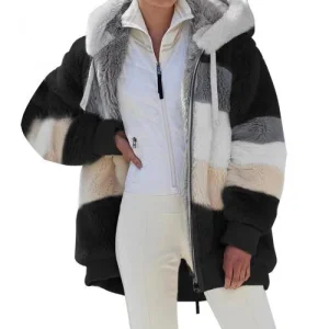 Winter Women Plush Jacket Zipper Hooded Loose Top Overoat Fashion Warm Clothes