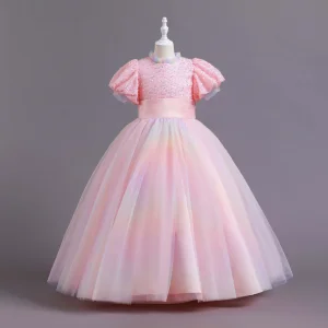 Cute Girl Wear Short Sleeves Party Wear Long Princess Dress
