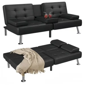 Convertible Folding Futon Sofa Bed Sleeper Couch for Living Room Faux Leather Upholstered Loveseat W/Removable Armrests